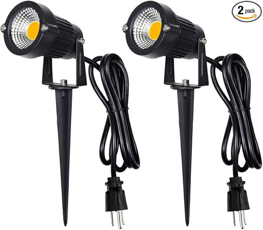 Z Outdoor Landscape LED Lighting 5W Waterproof Graden Lights COB Led Spotlights with Spiked Stand for Lawn Decorative Lamp US 3- Plug 3500K Warm White Lights (2 Packs)