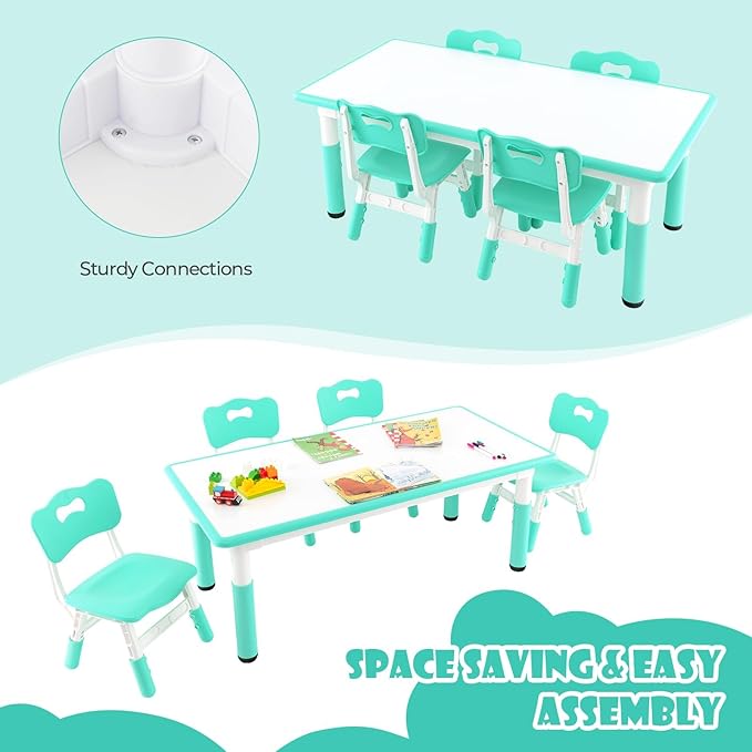 HONEY JOY Kids Table and Chair Set, Height Adjustable Children Activity Table and 4 Chairs Set w/Erasable Graffiti Desktop, Toddler Table and Chair Set for Daycare, Classroom, Home (Green)