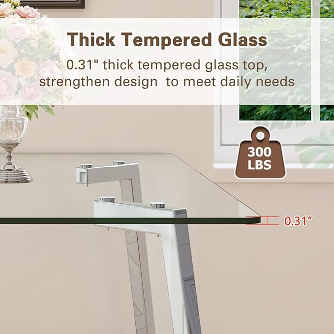 Glass Dining Table Set for 4,Rectangle Dinner Table with 4 White Leather Kitchen Chairs,51 in Kitchen Room Dining Set,0.31” Tempered Glass Table Top with Silver Metal Legs,4 Dining Chairs