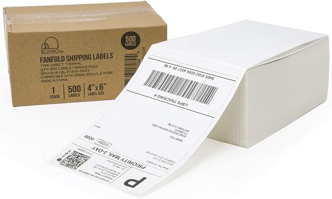 Buhbo 4" x 6" Direct Thermal Labels - Perforated BPA Free - Compatible with Zebra & Rollo Printer - Commercial Grade Shipping (500 Fanfold Labels)