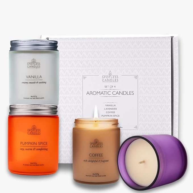 Candles for Women - 4 x 8oz Coloured Glass Jars 3" x4 Mixed Set of Classic Scents Pumpkin Spice, Coffee, Vanilla, Lavender 200 Hours Long Burn Time