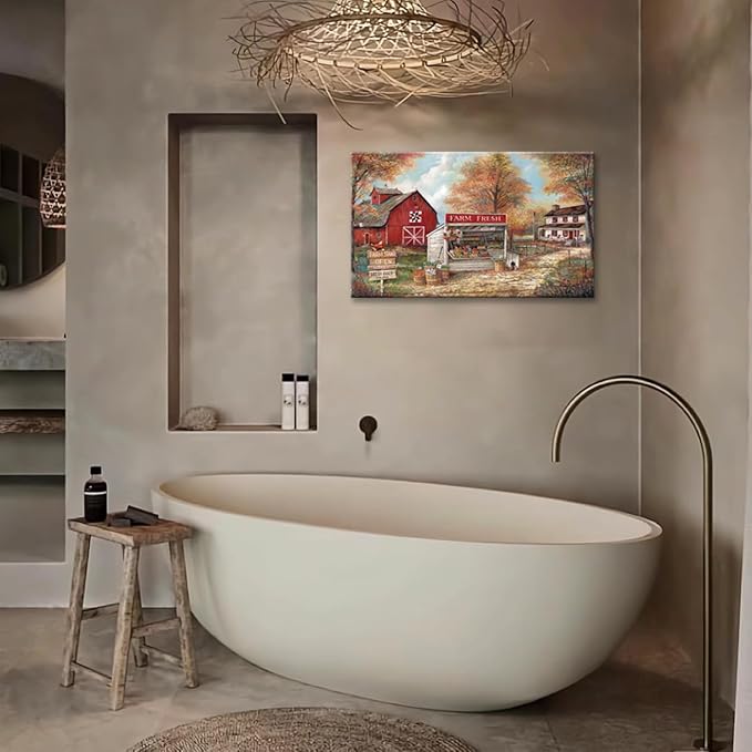 CYULWNNO Farmhouse Canvas Wall Art Farm Stand Landscape Painting Nature Rustic Scenery Canvas Prints Vintage Red House Wall Decor Framed for Living Room Bedroom