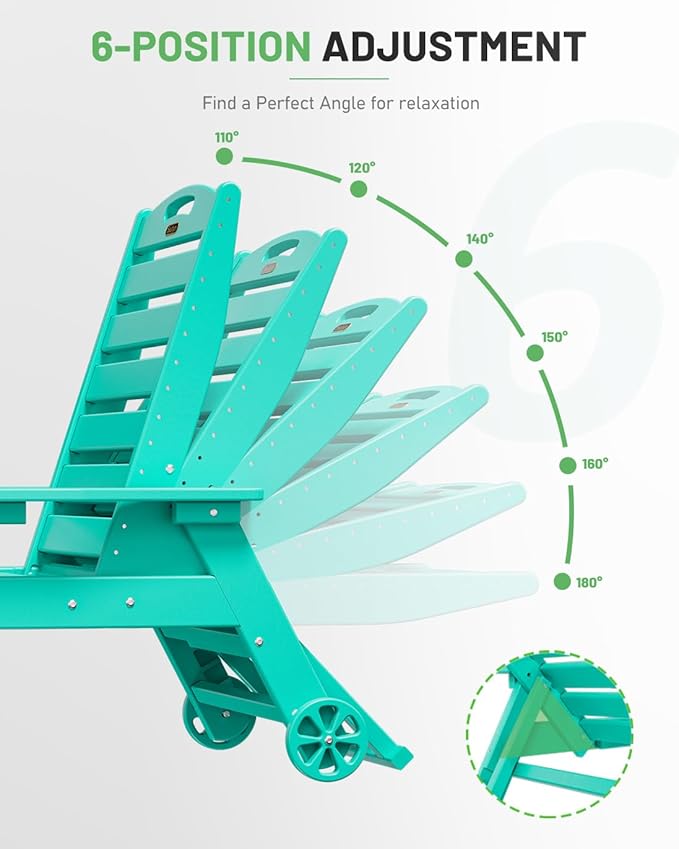 Lounge Chair Outdoor Set of 2, HDPE Chaise Chair Outdoor with 6-Position & Wheels &Cup Holder, Pool Lounge Chair for Pool Poolside Deck Backyard Patio, Lake Blue