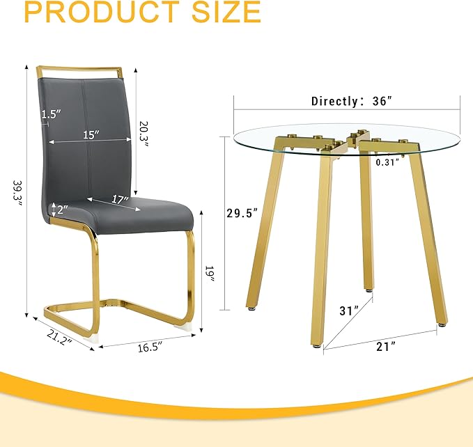 Round Dining Table Set for 4,36" Glass Dining Table Set for 4 with Stainless Steel Leg,Small Kitchen Table with 4 Cushion Chairs,5 Piece Dining Room Table Set Space Saving