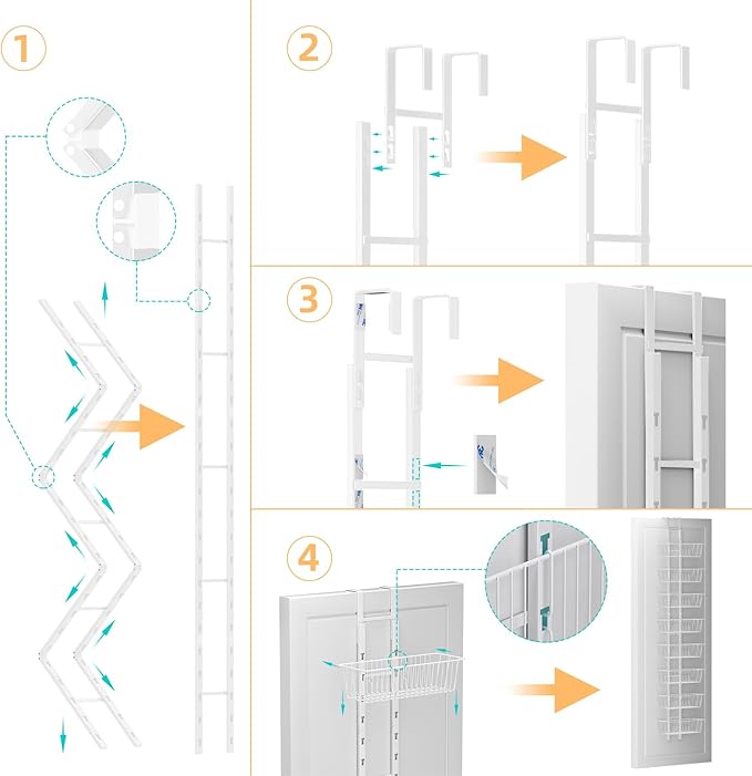 8-Tier Over Door Pantry Organizer with Mesh Baskets, Foldable Metal Hanging Spice Rack with 8 Baskets for Kitchen Organizers and Storage, for Home & Kitchen Laundry Room Bathroom Essentials, White