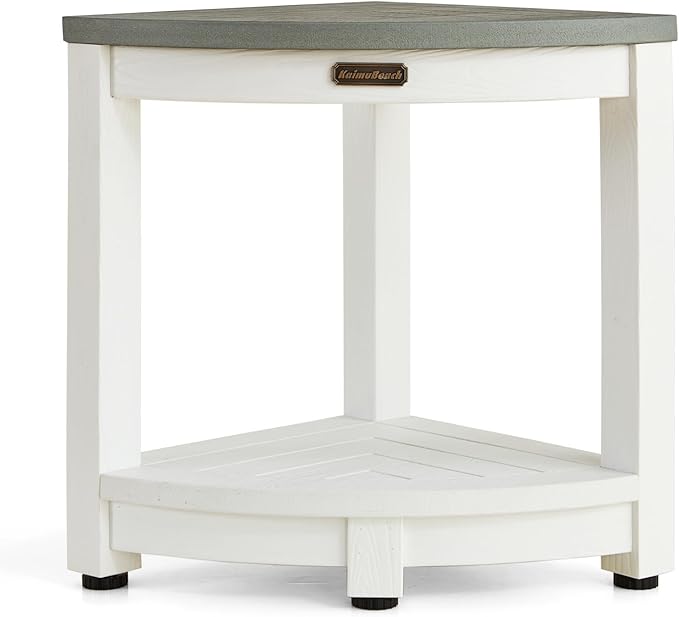 HDPS Corner Shower Stool, Heavy Duty Bench Seat with Shelf, Poly Shower Chair for Shaving Legs, No Maintenance, White+Gray, Weight Capacity 500LBS