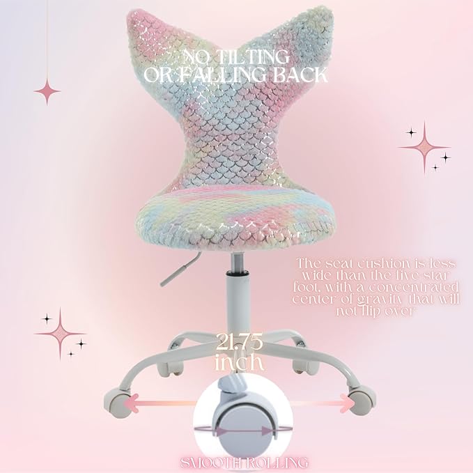 Fuzzy Desk Chair, Cute Swivel Children Desk Chair with Wheels for Kids Bedroom Upholstered Rolling Study Chair Adjustable Computer Chair Mermaid Back Vanity Chair for Teen Girls Boys, Light Colorful