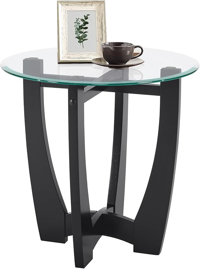 Glass End Table, 23.5" Round Side Tables with Tempered Glass Top Cross and Solid Wood Base Small Night Stand for Living Room Office Apartment Black