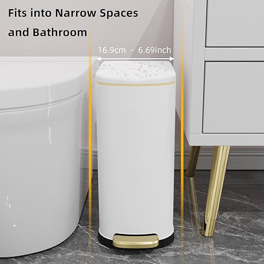 2.6 Gallon Slim Bathroom Trash Can with Soft Close Lid, 10L Stainless Steel Garbage Can with Removable Liner Bucket, for Narrow Spaces, Bathroom, Bedroom (White)