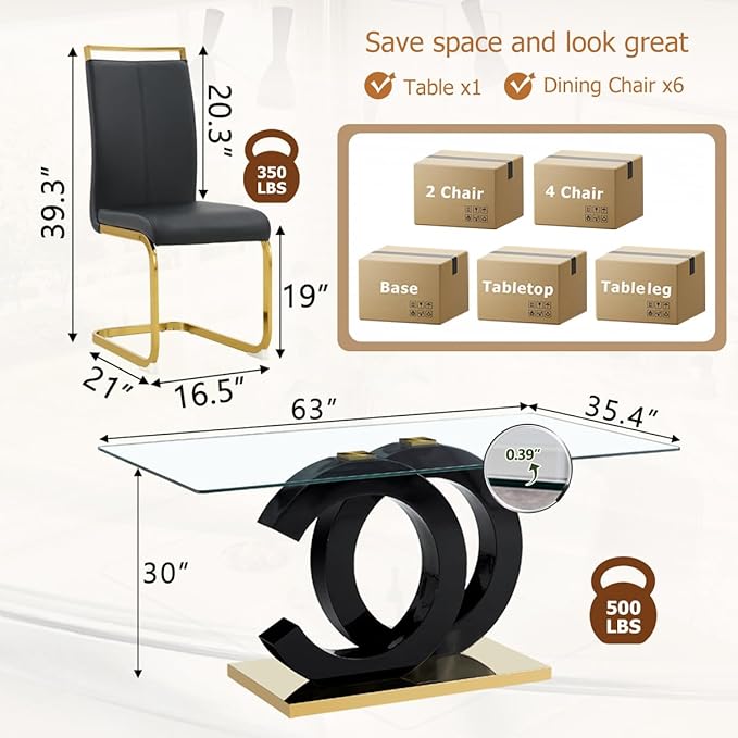 63'' Glass Dining Table Set for 6, Kitchen Table Chairs Set of 6, Clear Glass Dining Table with Black unique design Leg and Gold Metal Base, 6 PU Dining Chairs with Metal Legs, Living Room, Kitchen.