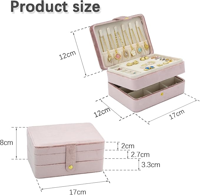 KOOAAICCHI Small Jewelry Box, Travel Jewelry Organizer, Portable Jewelry boxes for Women Girls Gift, Double Layers PU Leather Jewelry Holder for Rings, Earrings, Necklaces-Velvet Pink
