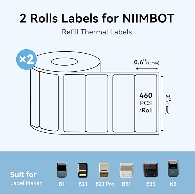 NIIMBOT Labels, 2 Rolls Refill Thermal Label for Label Maker B1/B21/B21Pro/B3S/B31/K3, Waterproof, Oil-Proof and Tear-Proof Sticker Labels, 2'' x 0.6''x2(50x15mmx2) White