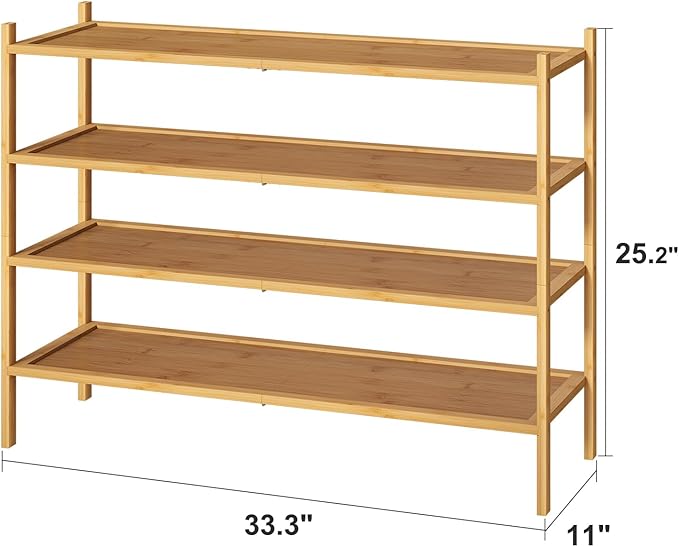 Long Shoe Rack, 4-Tier Bamboo Wood Shoe Rack, Stackable for Closet, Entryway & Hallway