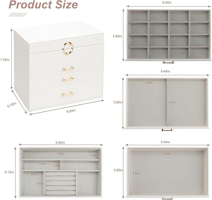 Jewelry Box with Mirror，Jewelry Holder Organize with 3 Drawer，4-Layer Jewelry Box for Women Girls，Large Jewelry Storage Box. (White