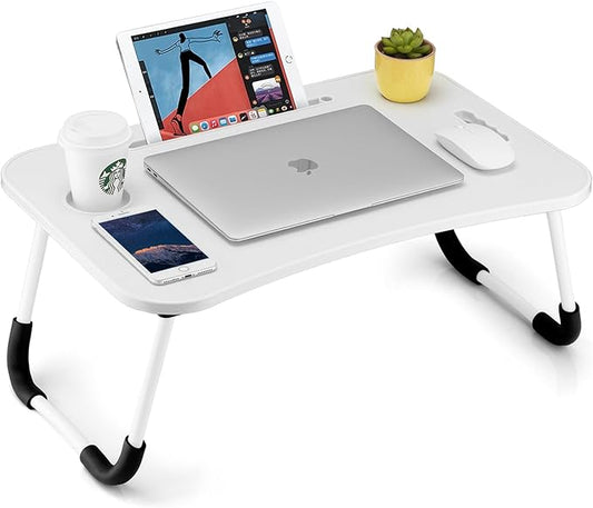Foldable Laptop Table, Portable Lap Desk Bed Table Tray, Laptop Stand with Cup Holder & Tablet Slot & Lifting Handle for Working Writing Drawing & Eating (White)