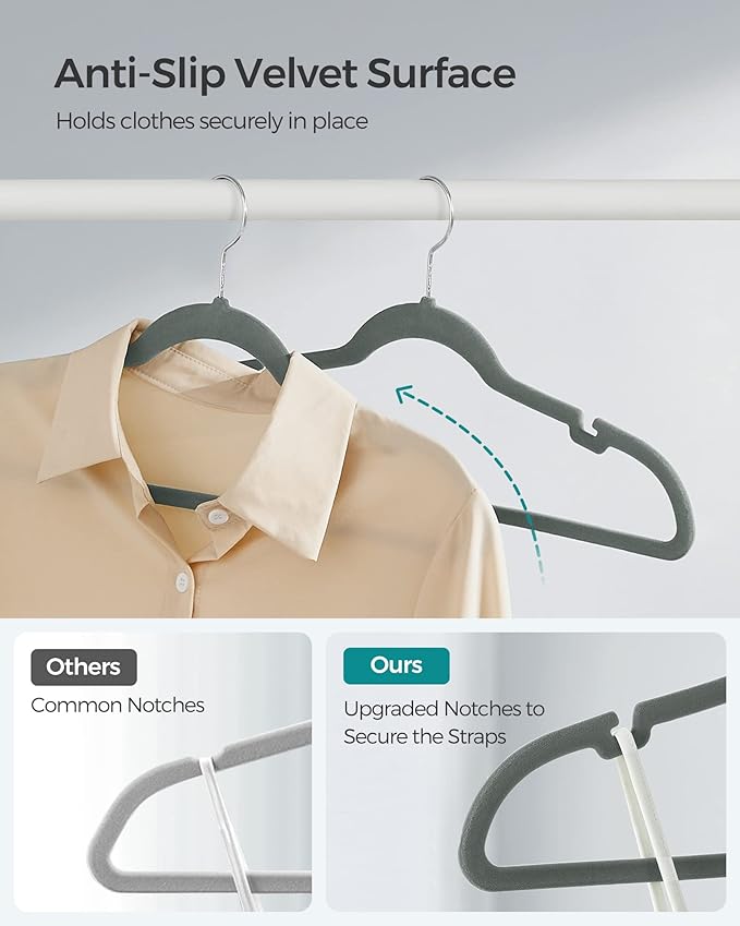 SONGMICS Velvet Hangers 30 Pack, Non-Slip Clothes Hangers, Suit Hangers with Shoulder Notches, Pants Bar, 360° Swivel Hook, Space-Saving, for Closet, Gray UCRF029V03