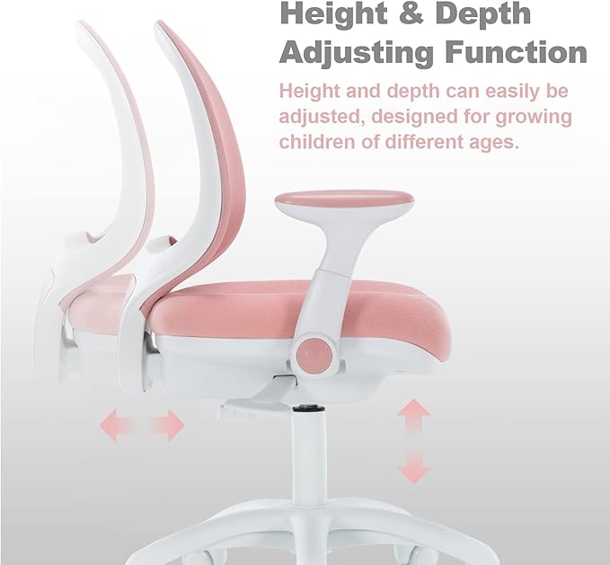 Kids Desk Chair, Boy's Girl's Child Children Study Office Computer Chair, Ergonomic Design, Adjustable Height and Seat Depth (Peach Pink W/Armrests)