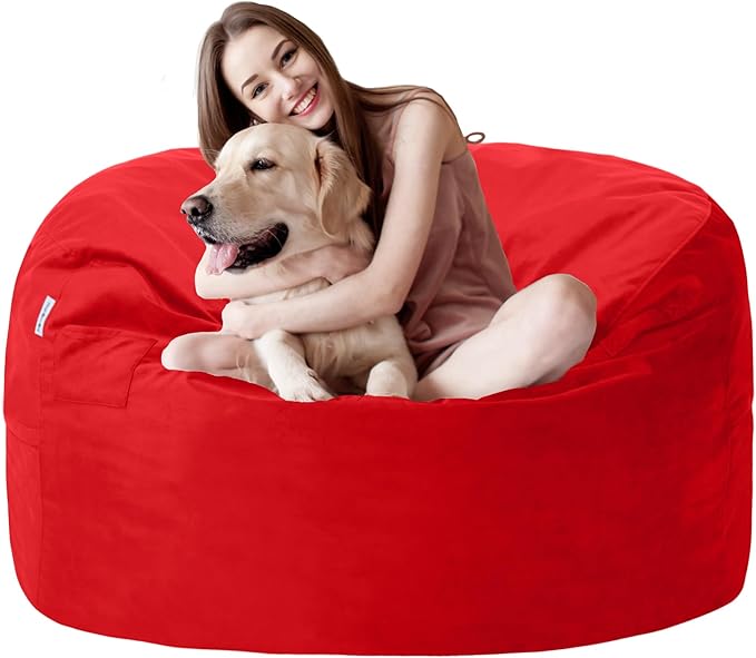 3FT Bean Bag Chair with Ultra Soft Velvet Cover Bean Bag Sofa with Memory Foam Bean Bag Chairs with Large Size Lazy Sofa for Dorm Office Living Room Bedroom Red 3'