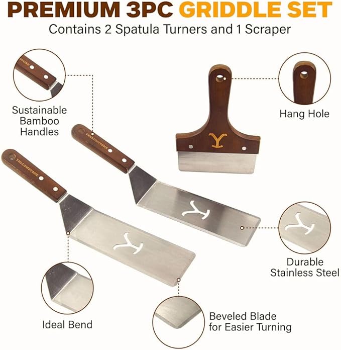 Y Yellowstone Griddle Set - 3pc Tool Kit. Griddle Accessory Set Includes 2 Spatulas/Turners and 1 Scraper | Ideal BBQ Grill Accessories | Authentic Yellowstone Merchandise