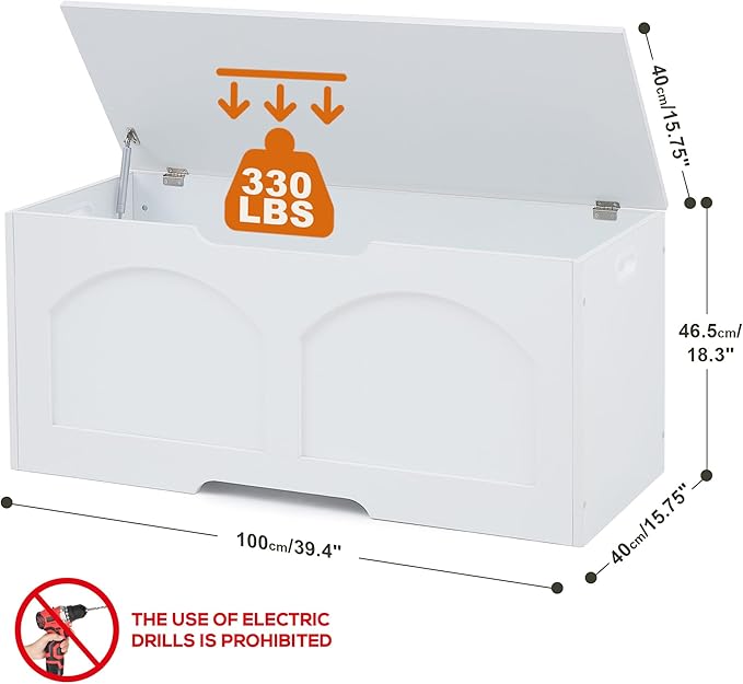 39.4" Storage Chest, Wooden Storage Bench Trunk, Upgraded Safety Lift Support Hinge, Large Entryway Bench Box, Supports 330 lb U-Shaped Opening for Entryway, Hallway, Living Room, White