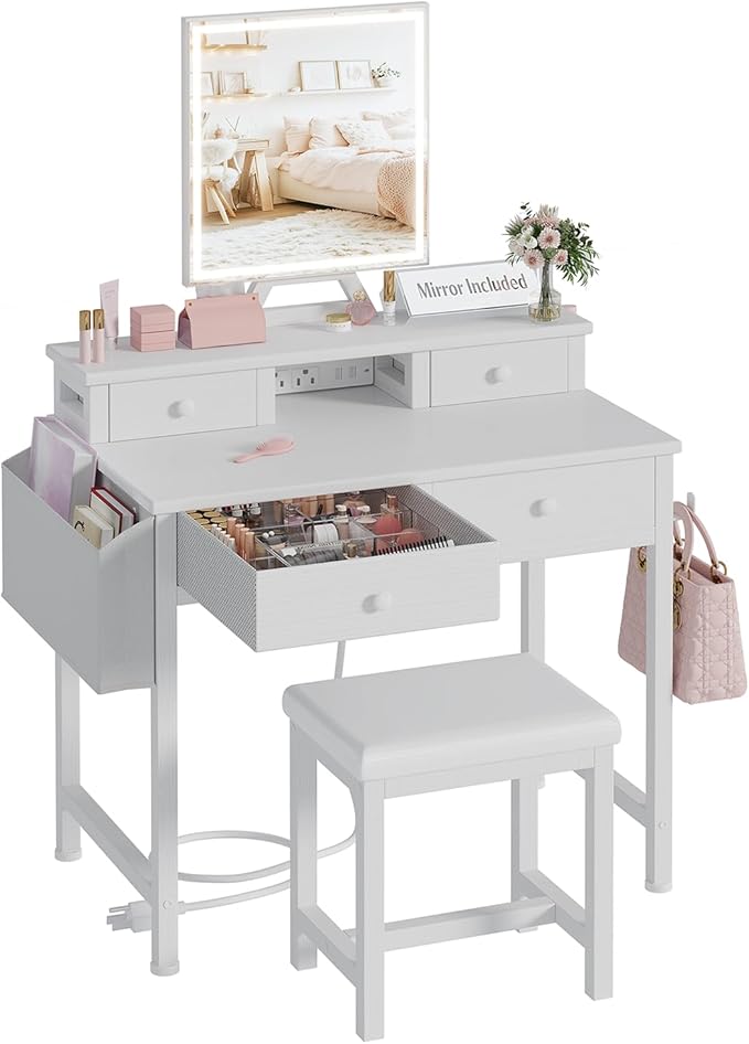 White Makeup Vanity Desk with Mirror and Lights, Vanity Set with Chair, Make Up Dresser Table with Drawers and Power Outlet for Girls Bedroom Small Space