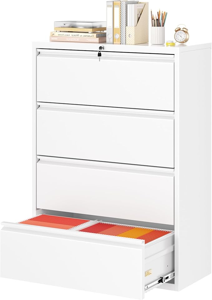 Greenvelly 4 Drawer Lateral File Cabinet with Lock, White Metal Filing Cabinet for Home Office, Locking Metal File Cabinet for Legal/Letter/A4/F4 Size with Hanging Bars&Key