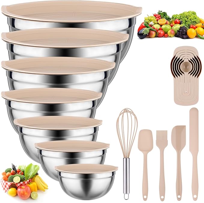 Mixing Bowls with Lids set - 25 PCS Stainless Steel Nesting Khaki Mixing Bowls Set for Baking,Mixing,Serving & Prepping,Size 5, 3.7, 2.8, 2.3, 1.7, 1.1, 0.7QT, 11 Cooking Utensils