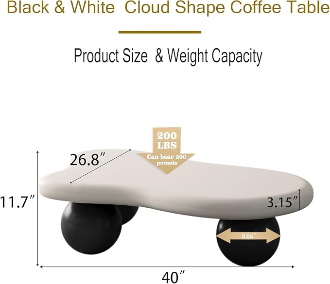 40 Inch Cloud Shaped Coffee Table with 3 Ball Legs for Living Room White Top Black Legs