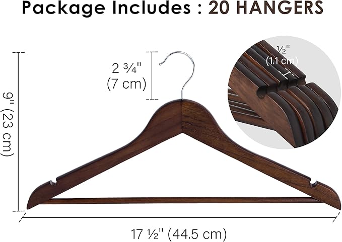 StorageWorks Wooden Hangers, Wood Coat Hanger for Coats, Shirts, Jackets, Pants, Suits, Walnut Color, 20 Pack