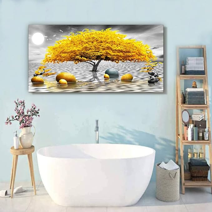 Wapluam Farmhouse Canvas Wall Art For Living Room Large Wall Decor Art For Office Black And White Wall Painting Yellow Tree View Wall Pictures Framed Prints Artwork Bedroom Home Decoration 30"X60"