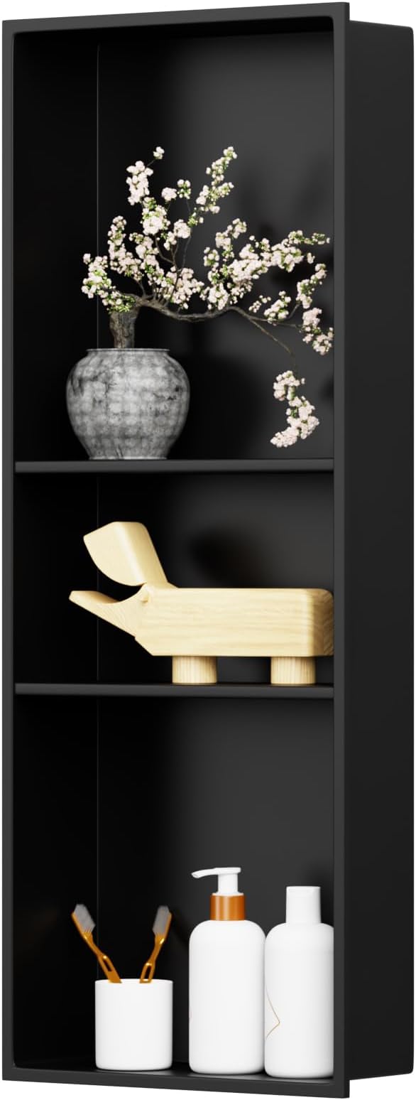 12" X 30" Stainless Steel Shower Niche Insert Tile Ready, Niche for Shower Wall, 3-Tier Recessed Shelves No Tile Needed for Bathroom Storage, Matte Black