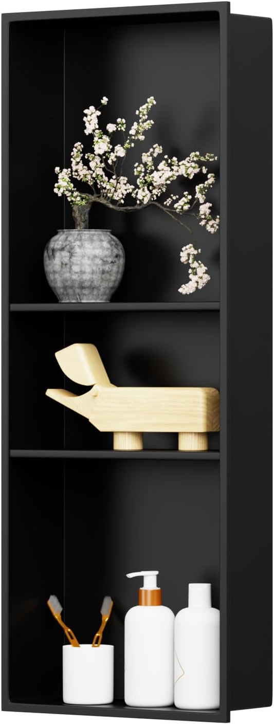 12" X 30" Stainless Steel Shower Niche Insert Tile Ready, Niche for Shower Wall, 3-Tier Recessed Shelves No Tile Needed for Bathroom Storage, Matte Black