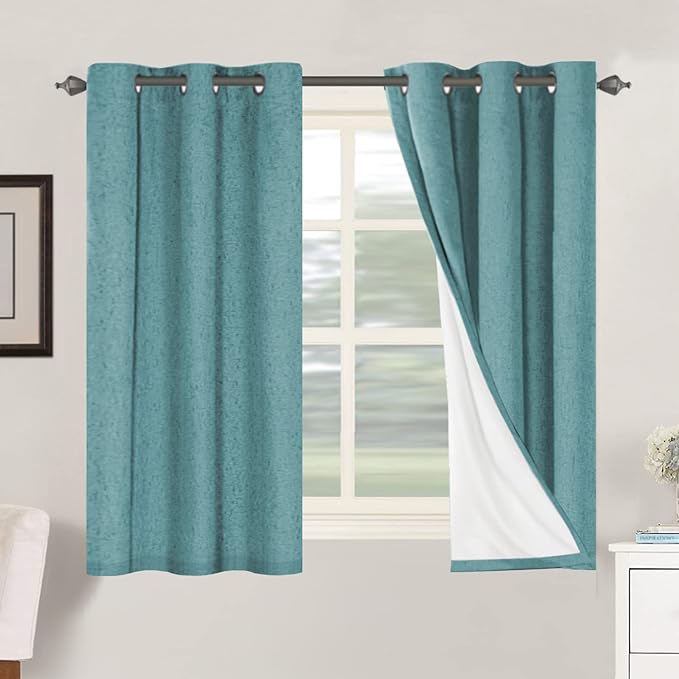 H.VERSAILTEX Primitive Linen Curtains 100% Blackout Curtain Drapes Burlap Fabric Curtains with White Thermal Insulated Liner, Grommet Top Curtain Living Room/Bedroom (2 Panels, 42 x 54 Inch, Teal)