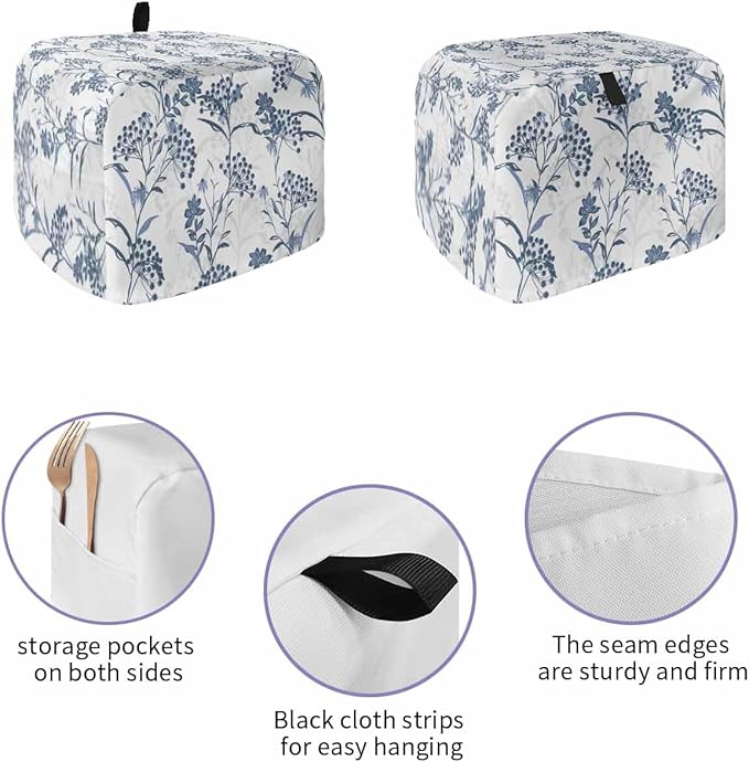 Toaster Cover 2 Slice Blue Leaves Toaster Oven Cover with Pockets Fruit Floral Plant Dustproof Bakeware Protector Small Kitchen Appliance Dust Covers and Fingerprint Protection for Women