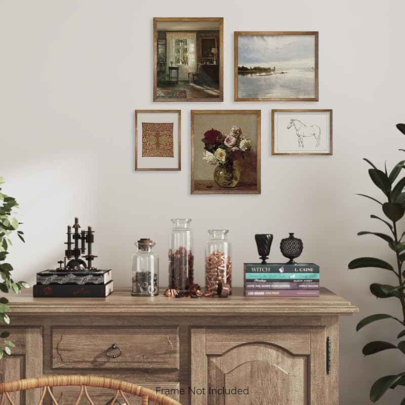 Neutral Wall Art for Boho French Country - Aesthetic Flower Landscape Lake Poster - Vintage Modern Farmhouse Wall Decor - Bathroom Picture Bedroom Print - Green Cottagecore Room Decor - Gallery Set 5