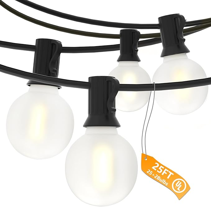 G40 Outdoor Globe Lights, 25FT Globe Christmas Lights with 27 LED Shatterproof Frosted Bulbs (2 Spare), Outdoor String Lights for Party Patio Garden Backyard Bistro Pergola Gazebo Decor, Black Wire