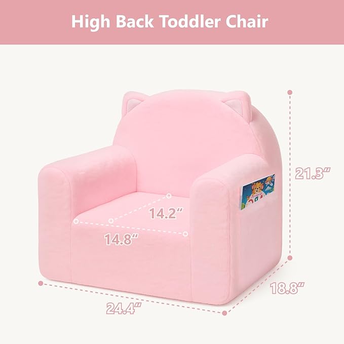 MONKISS Comfy Toddler Chair, Cute Toddler Foam Couch, High Back Kids Reading Armchairs, Birthday Gifts for Boys and Girls, 1-6 Years Old, SF07, Pink Cat