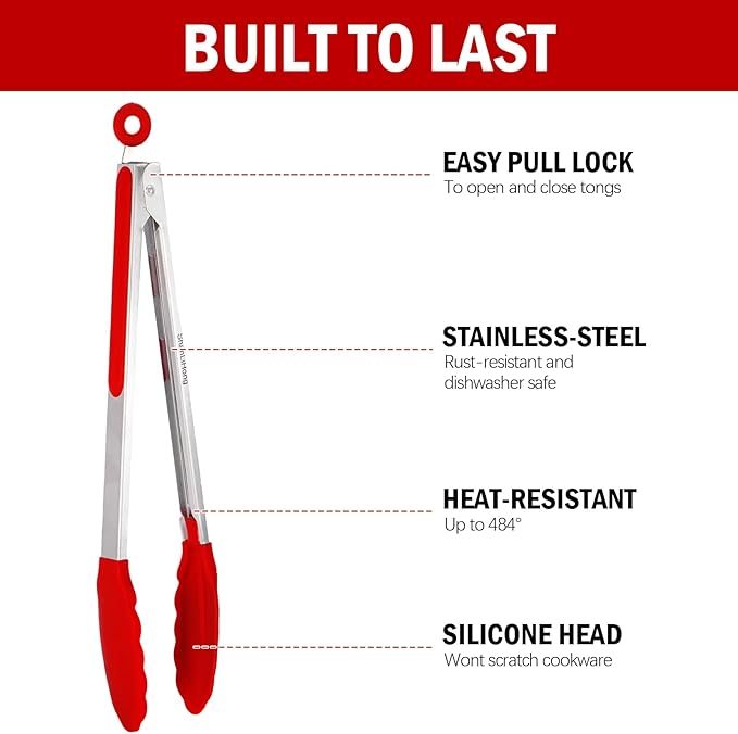 Silicone Kitchen Tongs for Cooking - 9+12 Inch Heat-Resistant Stainless Steel Cooking Tongs with Non-Slip Handle, Non-Scratch Tips for Grilling, BBQ, Salad & Air Fryer - 2-PieceRedSet