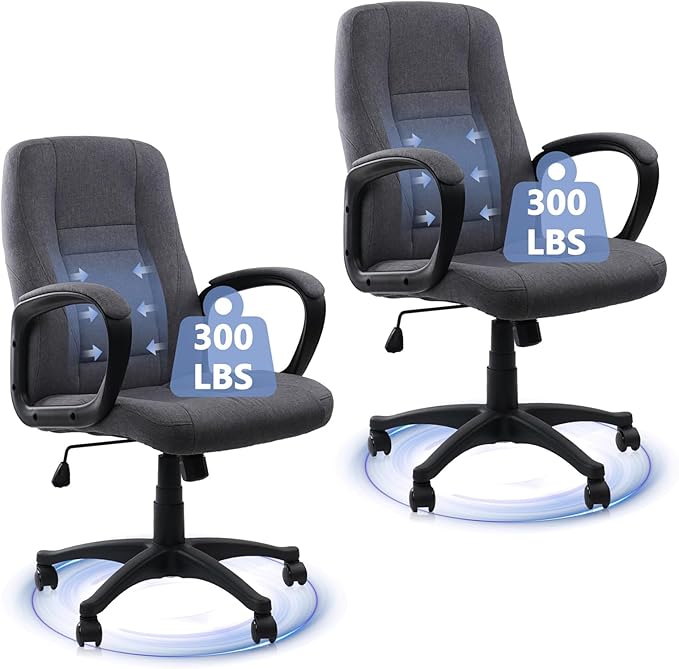 CLATINA Grey Fabric Office Chair Breathable Executive Desk Chairs, Cloth Comfortable Adjustable Height Mid Back Swivel Rolling Computer Task Chair for Home Office, Conference, Study, Work, 2 Pack