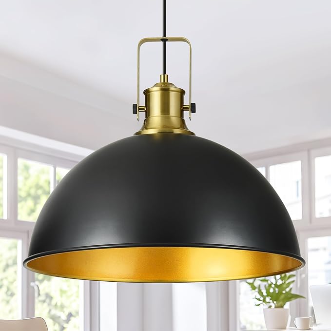 18 Inch Black Farmhouse Pendant Lights for Kitchen Island Industrial Haning Lamp Adjustable Height Vintage Dome Hanging Light Fixtures for Barn, Dining Room