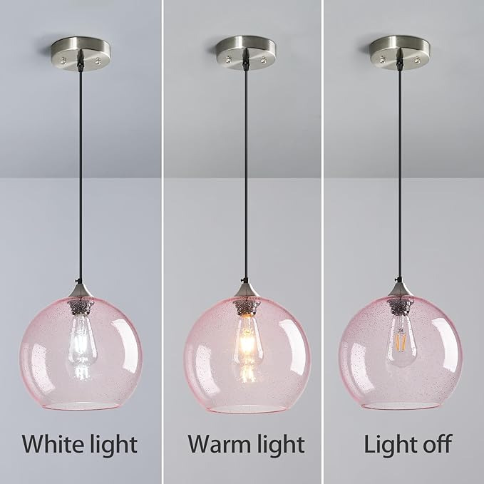 Pink Glass Pendant Lights Kitchen Island Globe Pendant Light Fixtures Modern Pendant Lighting for Bedroom Living Dining Room Light Fixture (9.84 in, 3 Pack)