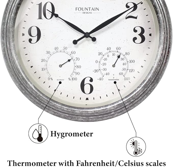Maison in/Outdoor Clock with Thermometer, 2 in One Weather Station (Weather Thermometer/Wall Decoration) (Galvanized, 18 inch)