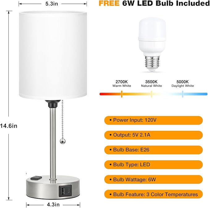 Dicoool White Bedside Lamp for Bedroom - 3 Color Temperatures Desk Lamp with USB C and A Ports, Pull Chain Table Lamp with AC Outlet, Nightstand Lamp with Silver Metal Base for Kids Girls