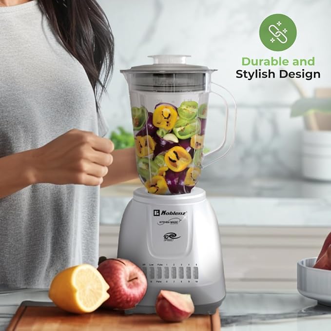 Koblenz 42 oz Plastic Jar Blender, 10 Speed and 2 Pulses, Countertop Blender with Stainless Steel Blades, Perfect for Shakes and Smoothies, 500-Watt Motor, White, LKM-5510 PB