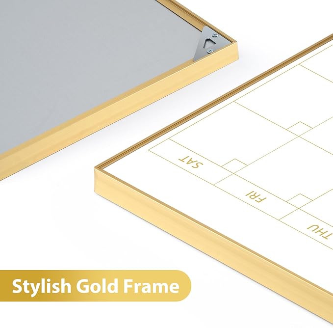 ARCOBIS Whiteboard Calendar with Cork Board, 36"x24" Magnetic White Board Calendar Dry Erase for Wall, Gold Frame Monthly Combination Board for Office, Home, School