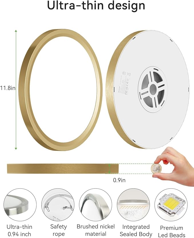 zemty 2Pack LED Ceiling Light Golden - 12In 28W Aureate Flush Mount Ceiling Light, 3 Color Temperature 3000K/4500K/6000K - 3200lm Gilded Round Flat Light Fixture for Kitchen Bathroom Shower
