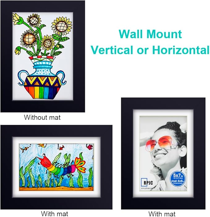 RPJC 5x7 inch Picture Frame Made of Solid Wood and High Definition Glass Display Pictures 4x6 with Mat or 5x7 Without Mat for Wall Mounting Photo Frame Black