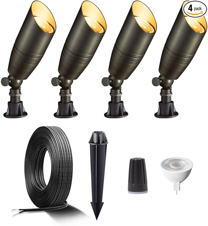 Brass Landscape Lighting Kit (4 Pack Spotlights) with 100 Feet Cable and 20Pack Wire Connectors for Outdoor House Garden Patio Without Low Voltage Transformer