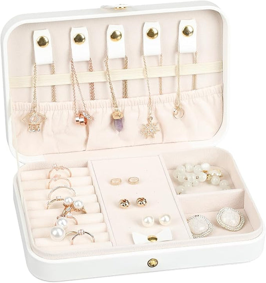 Small Jewelry Box, Travel Jewelry Case Portable Jewelry Boxes for Women, 2-Layer Mini Jewelry Travel Organizer, Gift for Women Girls,White D
