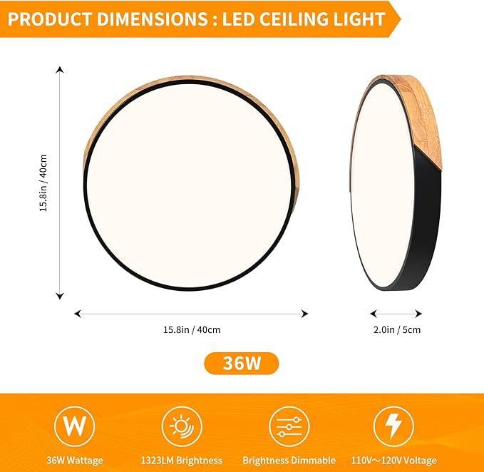 Modern Dimmable Black LED Ceiling Light, 2700 K - 6000 K 5CCT Wood Flush Mount Ceiling Lighting Fixtures, Minimalist Round Ceiling Lamp for Living Room Bedroom Kitchen Hallway（15.8in）